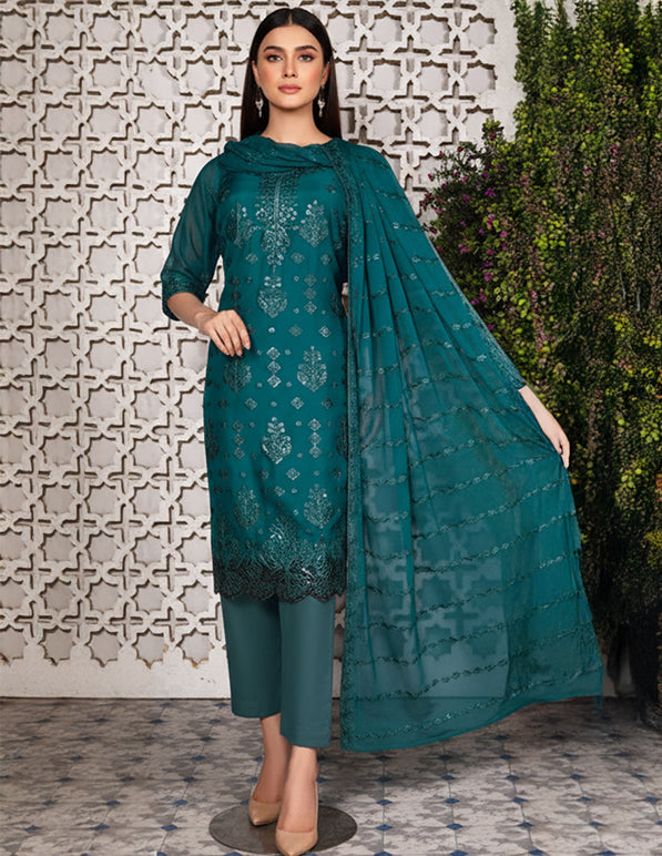 Chiffon Embroidered 3-Piece Unstitched Suit: HKK-CFN-003