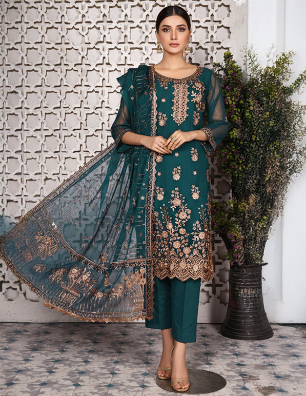 Chiffon Embroidered 3-Piece Unstitched Suit: HKK-CFN-011
