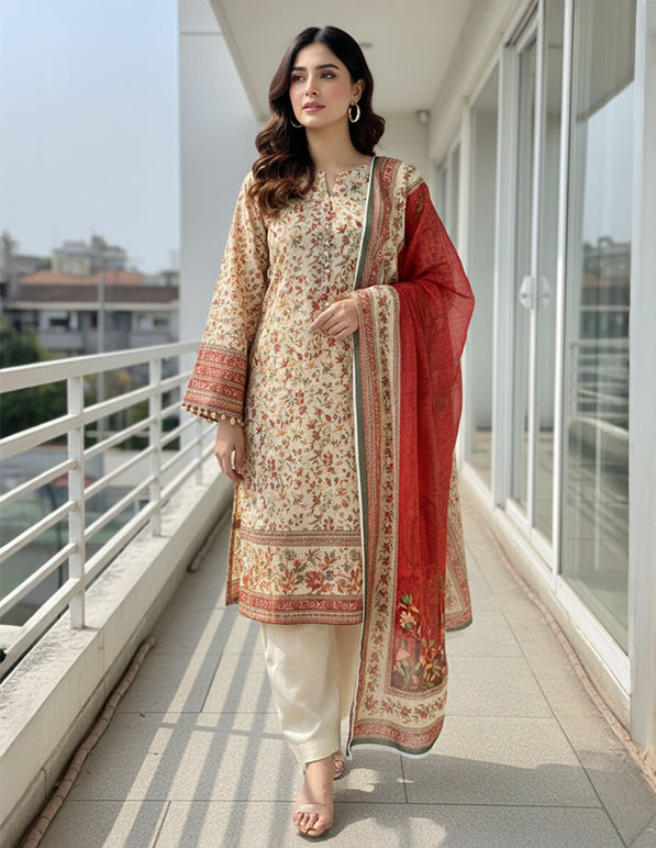Daily Wear Lawn 3-Piece Unstitched Suit: LWN-EC-017