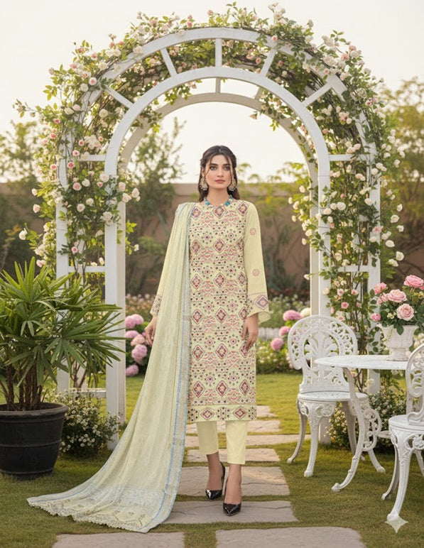 Premium Lawn 3-Piece Unstitched Suit: LWN-EC-036