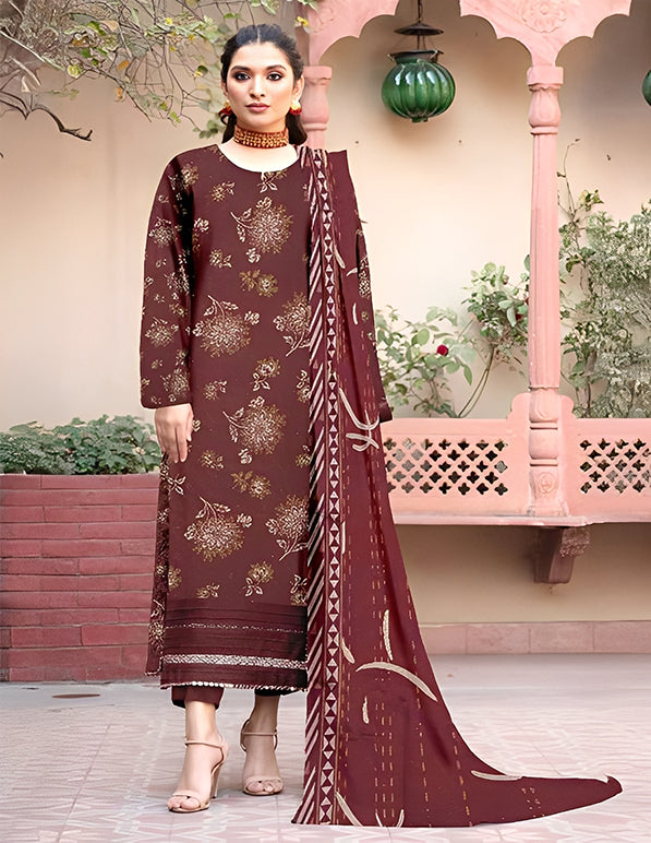 Leather Peach 3-Piece Unstitched Suit: HK-LP-002