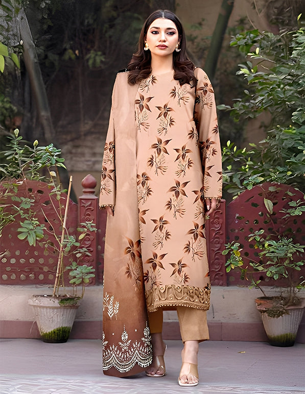 Leather Peach 3-Piece Unstitched Suit: HK-LP-009