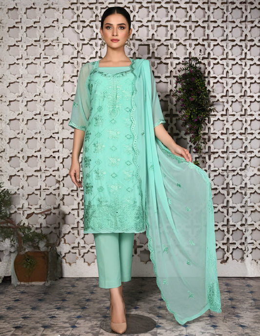 Chiffon Embroidered 3-Piece Unstitched Suit: HKK-CFN-002