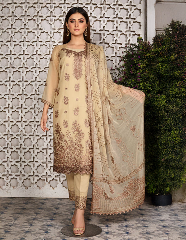 Chiffon Embroidered 3-Piece Unstitched Suit: HKK-CFN-004
