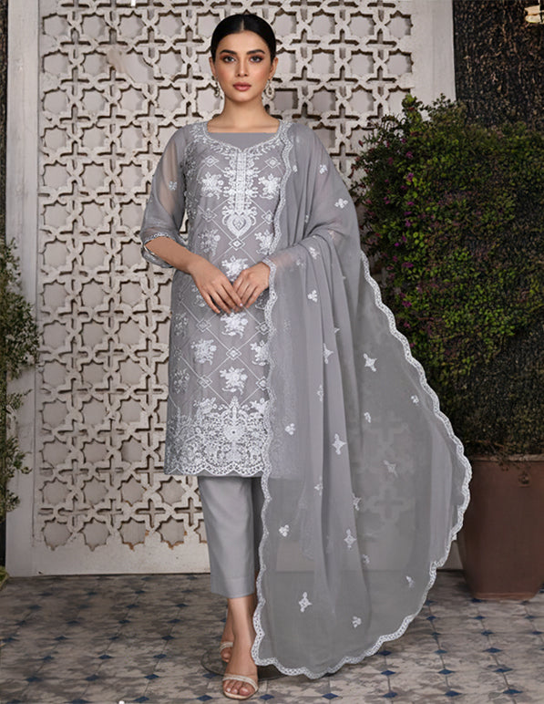 Chiffon Embroidered 3-Piece Unstitched Suit: HKK-CFN-005